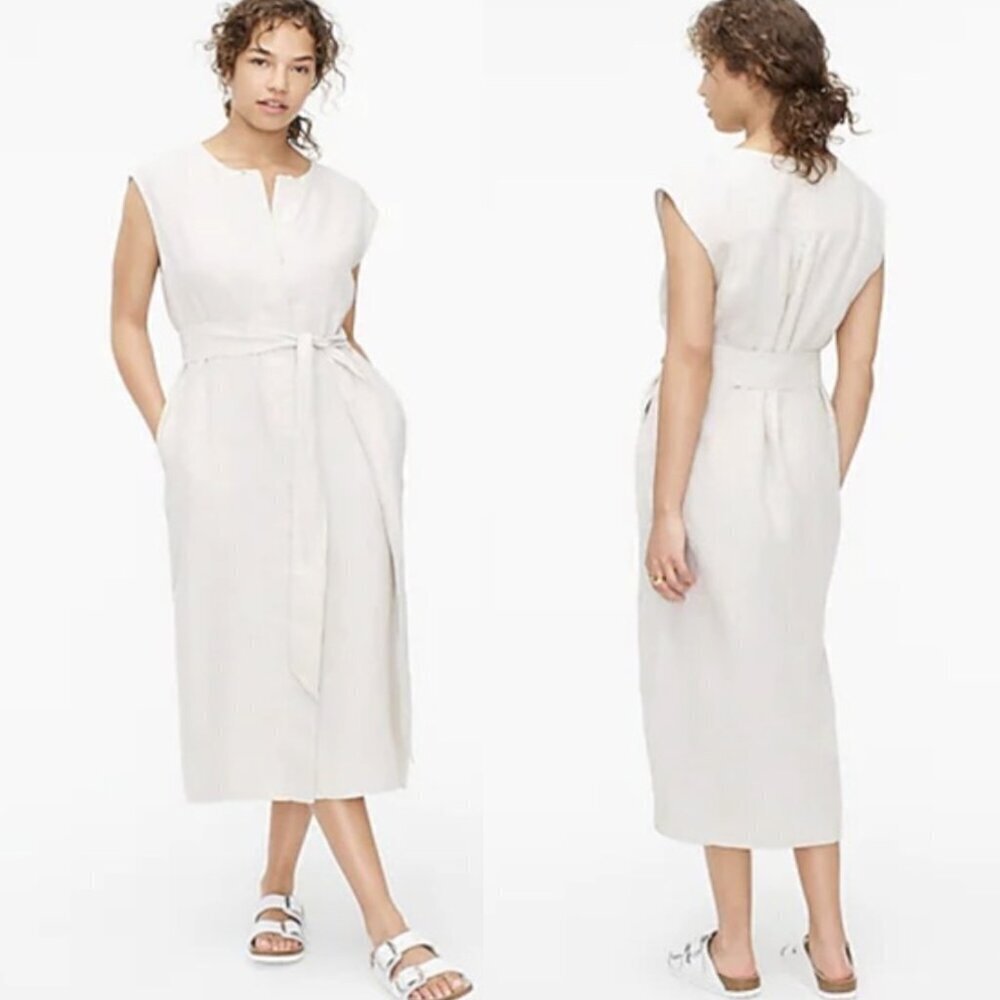 J. Crew Cap Sleeve Tie-Waist Linen Button Front Shirt-Dress Natural Cream, Large